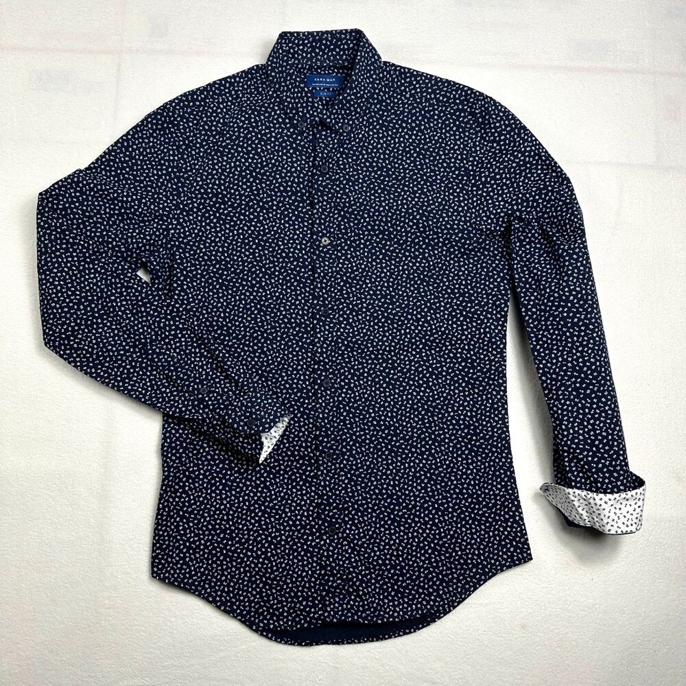 Zara Man Mens Small Navy White Floral Botanical Print Slim Fit Long Sleeve Shirt